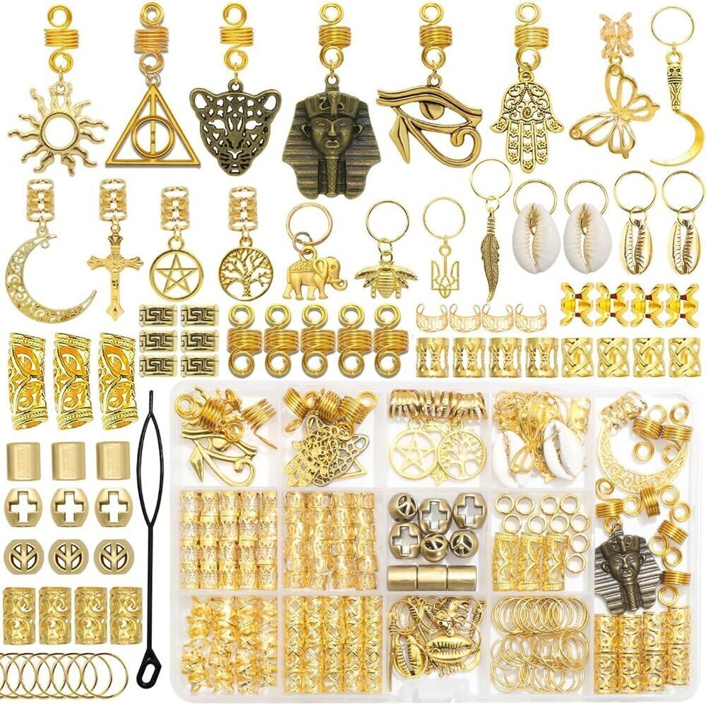 187PCS Hair Jewelry for Braids Gold Loc Clips Beads Rings Hair Accessories